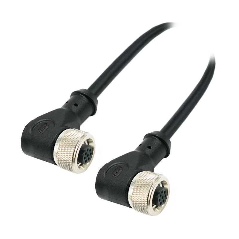 Push-pull m12 8pins A code female to female right angle molded cable,unshielded,PVC,-40°C~+105°C,22AWG 0.34mm²,brass with nickel plated screw